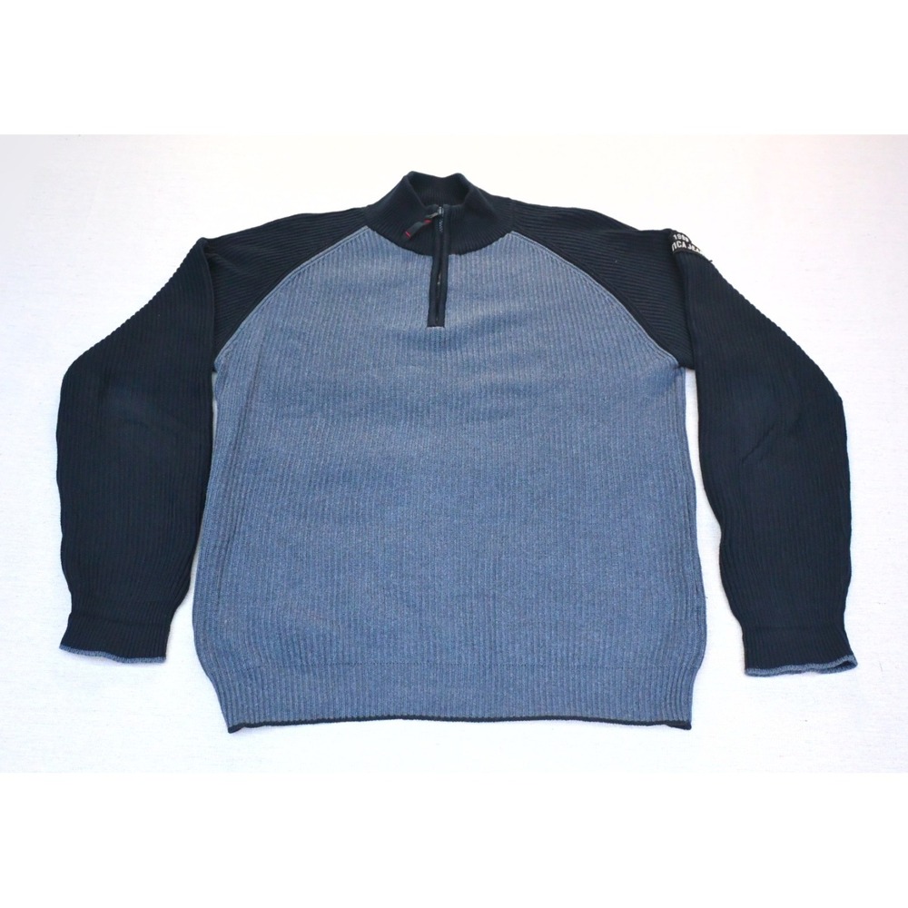 Nautica Jeans Y2K Mens XL 100% Cotton Quarter Zip Sweater Grey Navy Raglan